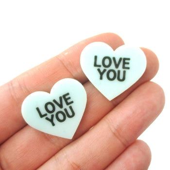 Large Love You Candy Heart Sweethearts Shaped Laser Cut Stud Earrings in Mint | DOTOLY