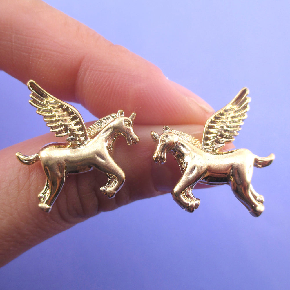 Large Pegasus Unicorn Shaped Stud Earrings in Silver or Gold | DOTOLY