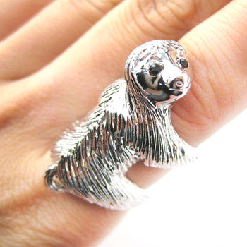 Large Three Toed Sloth Shaped Animal Wrap Ring in Shiny Silver | US Sizes 4 to 9 | DOTOLY