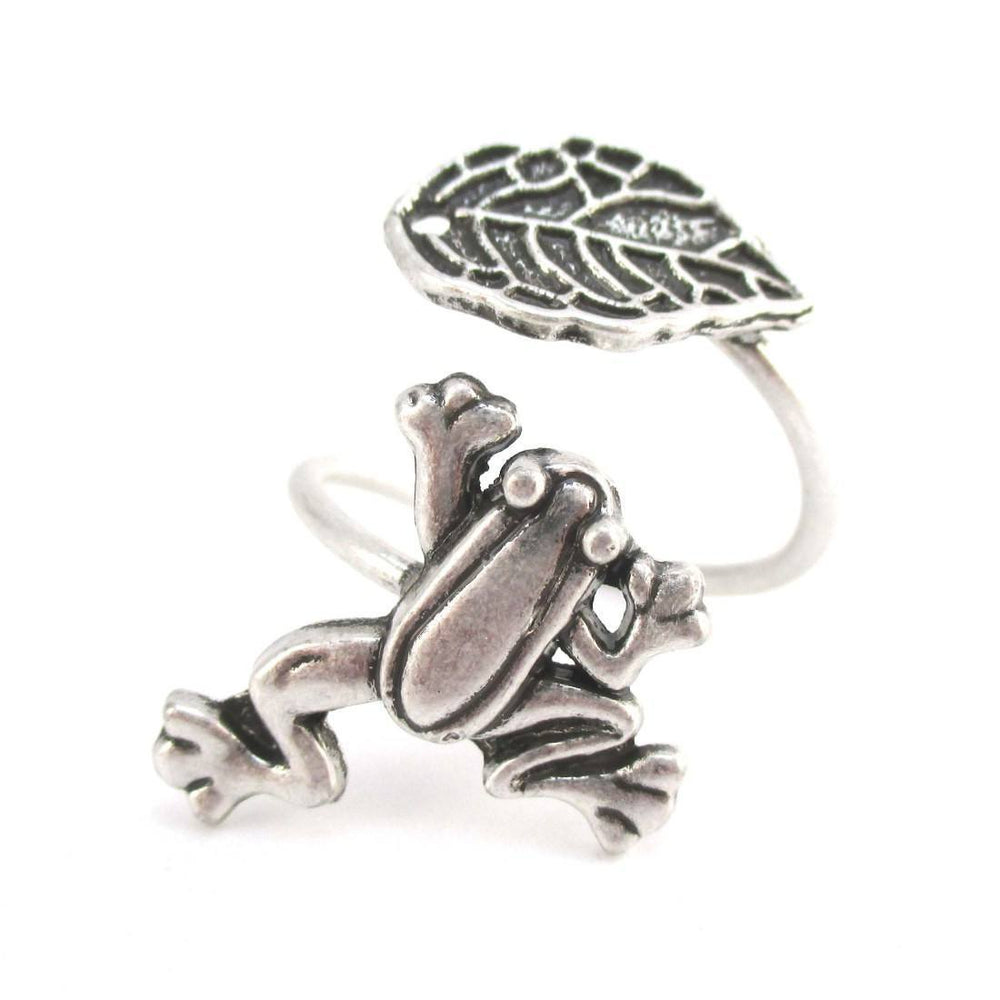 Large Tree Frog and Leaf Adjustable Wire Wrap Ring in Silver | DOTOLY