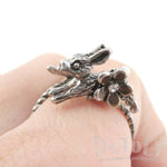 Leaping Bunny Rabbit and Flower Wrap Around Adjustable Ring in Silver | DOTOLY