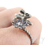 Leaping Bunny Rabbit and Flower Wrap Around Adjustable Ring in Silver | DOTOLY