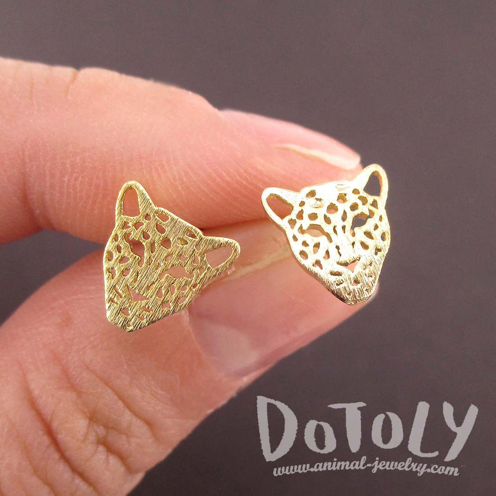 Leopard Jaguar Face Dye Cut Shaped Allergy Free Stud Earrings in Gold