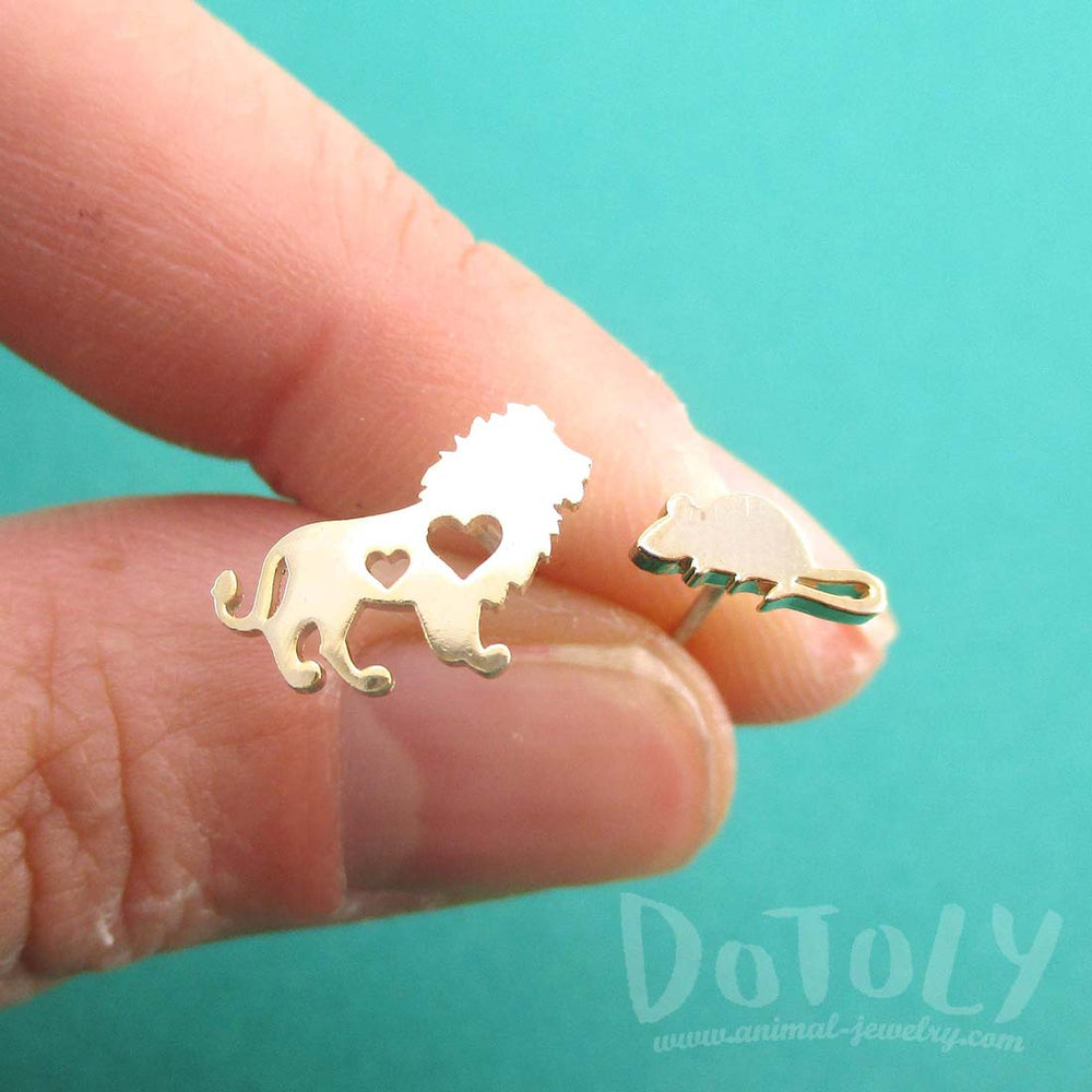 Lion and Mouse Silhouette Shaped Stud Earrings in Gold | DOTOLY