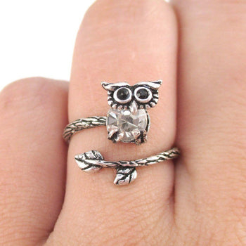 Little Baby Owl on A Branch Shaped Animal Ring in Silver | DOTOLY