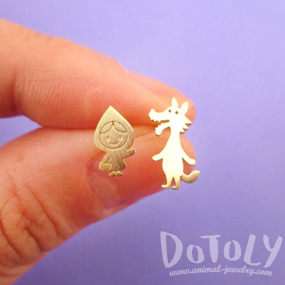 Little Red Riding Hood and Wolf Shaped Stud Earrings in Gold | DOTOLY | DOTOLY