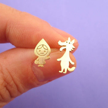 Little Red Riding Hood and Wolf Shaped Stud Earrings in Gold | DOTOLY | DOTOLY