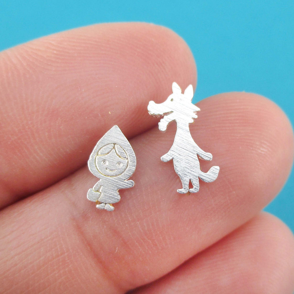 Little Red Riding Hood and Wolf Shaped Stud Earrings in Silver