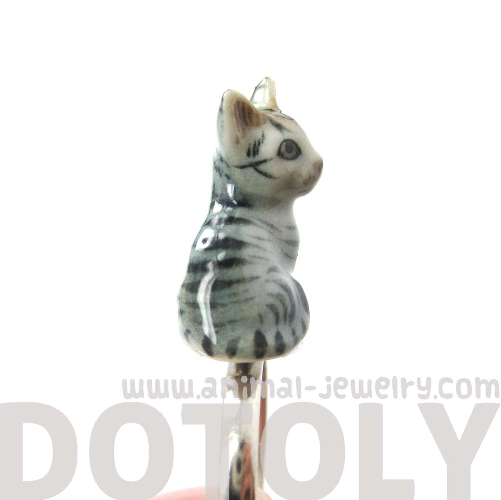 Miniature Grey and Black Striped Kitty Cat Porcelain Ceramic Animal Adjustable Ring | Handmade | DOTOLY