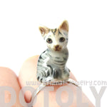 Miniature Grey and Black Striped Kitty Cat Porcelain Ceramic Animal Adjustable Ring | Handmade | DOTOLY