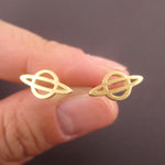 Miniature Planet Saturn Outline Shaped 925 Sterling Silver Stud Earrings in Gold