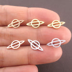 Miniature Planet Saturn Outline Shaped 925 Sterling Silver Stud Earrings