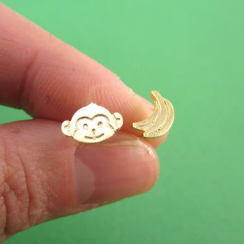 Monkey and Banana Shaped Allergy Free Stud Earrings in Gold | DOTOLY