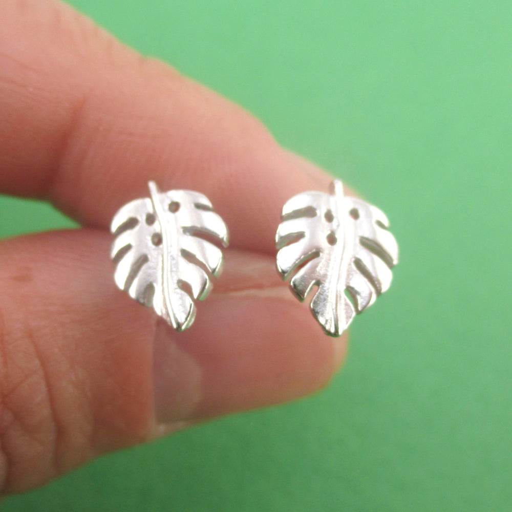 Monstera Leaf Swiss Cheese Plant Nature Lovers Sterling Silver Stud Earrings