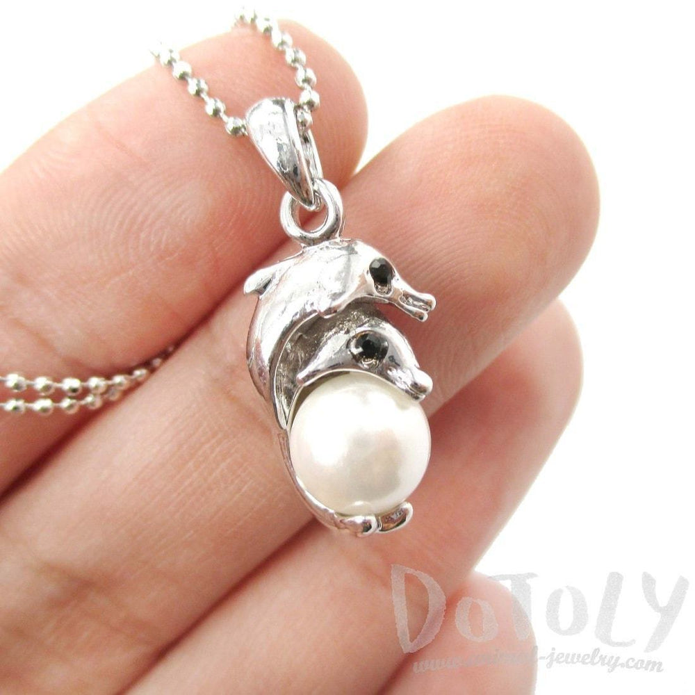 Mother and Baby Dolphin Shaped Pearl Pendant Necklace in Silver | DOTOLY