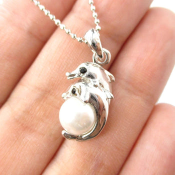 Mother and Baby Dolphin Shaped Pearl Pendant Necklace in Silver | DOTOLY