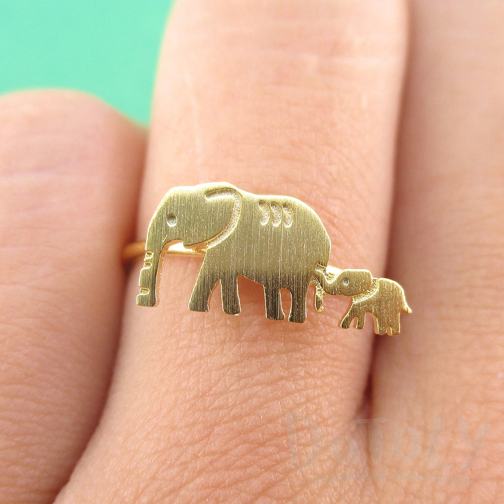 Mother and Baby Elephant Silhouette Shaped Adjustable Ring in Gold