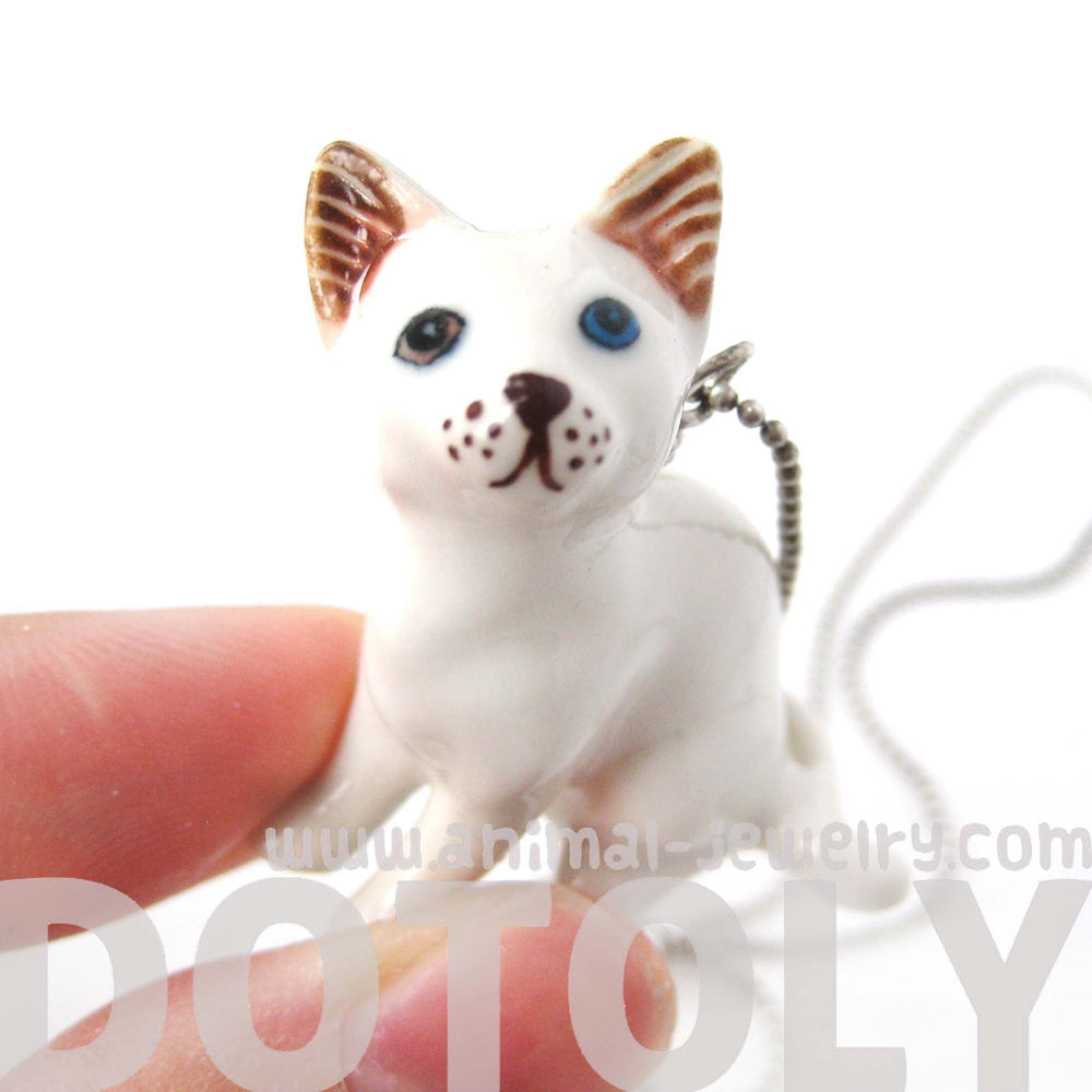 Multi Colored Odd Eyed White Kitty Cat Porcelain Ceramic Animal Pendant Necklace | Handmade | DOTOLY