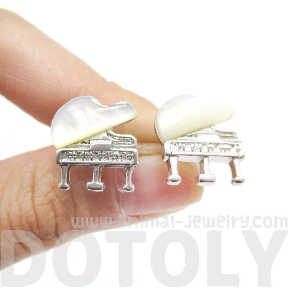 Musical Instrument Themed Grand Piano Shaped Stud Earrings in Silver | DOTOLY
