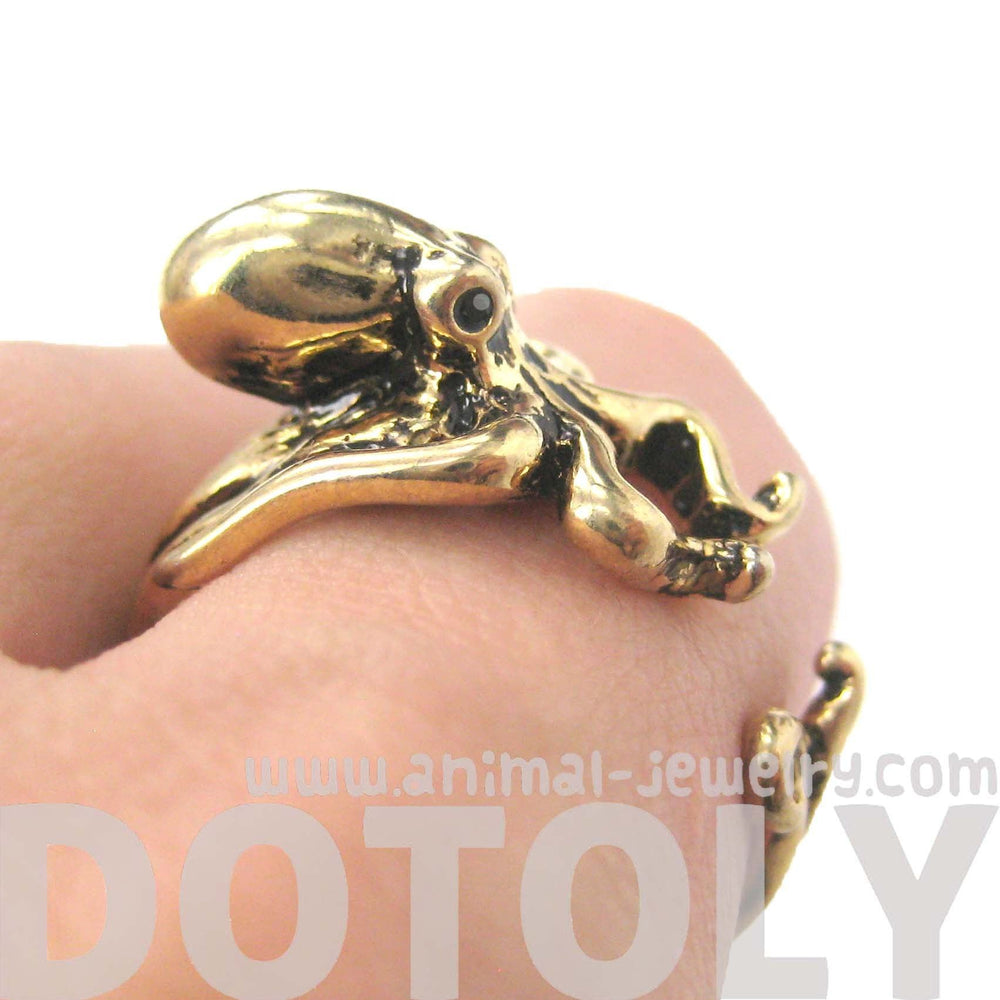 Octopus Squid Sea Animal Wrap Around Hug Ring in Shiny Gold | US Size 4 to 9 | DOTOLY