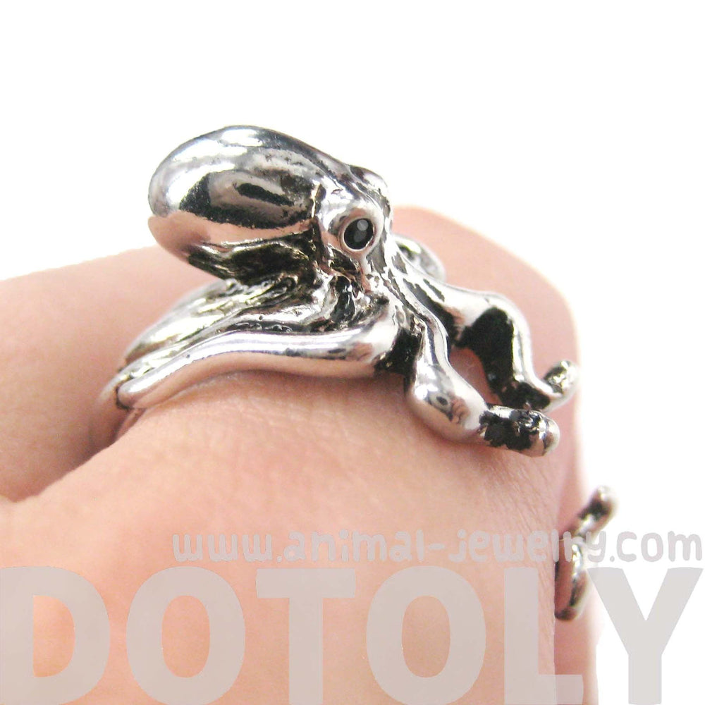 Octopus Squid Sea Animal Wrap Around Hug Ring in Shiny Silver | US Size 4 to 9 | DOTOLY