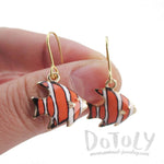 Orange and White Stripe Tropical Fish Shaped Enamel Dangle Earrings