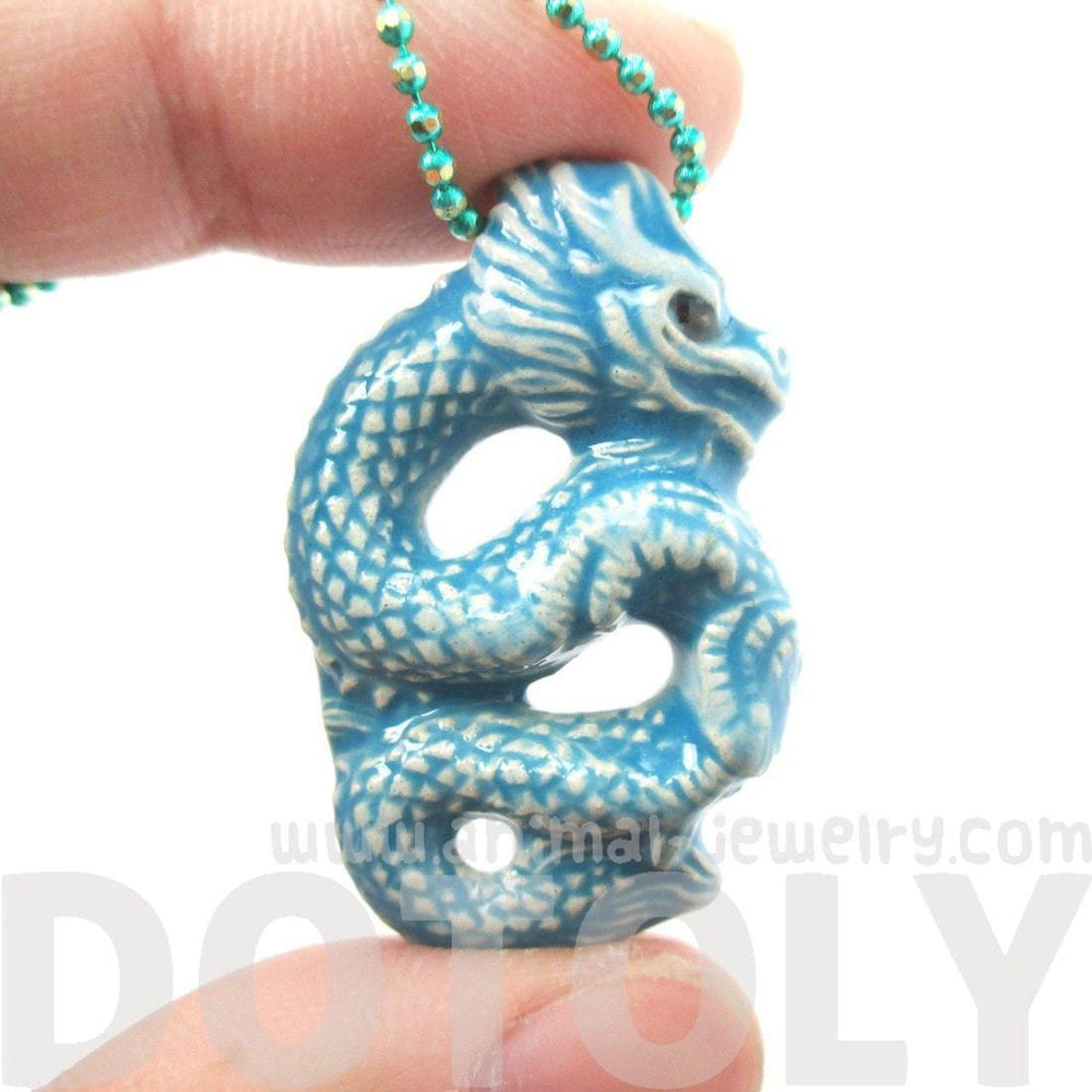 Oriental Dragon Shaped Porcelain Ceramic Pendant Necklace in Blue | Mythical Creatures Collection | DOTOLY