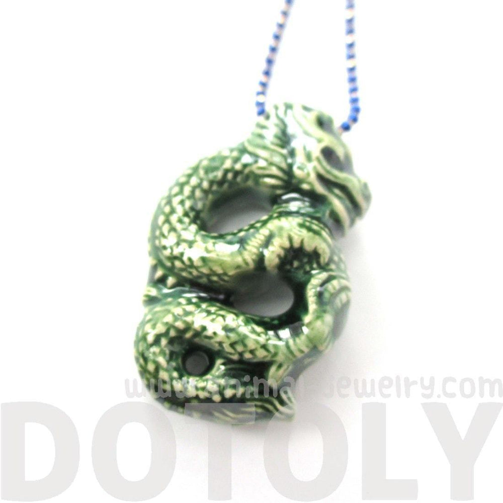 Oriental Dragon Shaped Porcelain Ceramic Pendant Necklace in Green | Mythical Creatures Collection | DOTOLY
