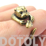 Otter Beaver Holding a Fish Shaped Animal Wrap Around Ring in Brass | US Sizes 4 to 9 | DOTOLY
