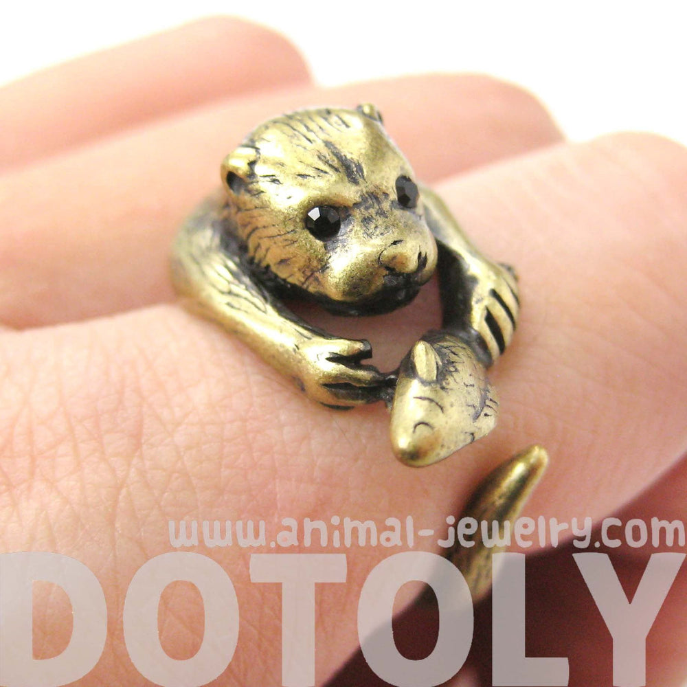 Otter Beaver Holding a Fish Shaped Animal Wrap Around Ring in Brass | US Sizes 4 to 9 | DOTOLY