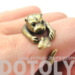 Otter Beaver Holding a Fish Shaped Animal Wrap Around Ring in Brass | US Sizes 4 to 9 | DOTOLY