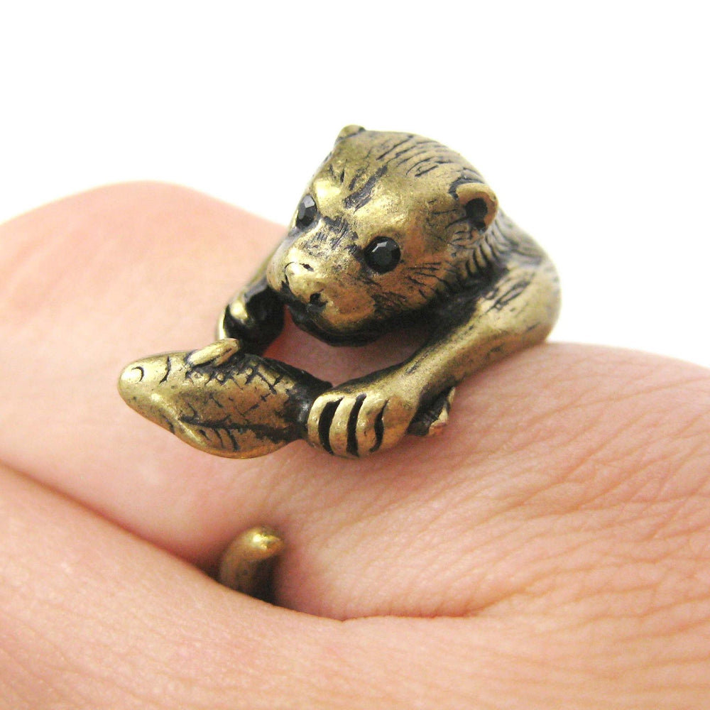 Otter Beaver Holding a Fish Shaped Animal Wrap Around Ring in Brass | US Sizes 4 to 9 | DOTOLY