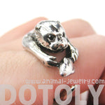 Otter Holding a Fish Shaped Animal Wrap Around Ring in Shiny Silver | US Sizes 4 to 9 | DOTOLY