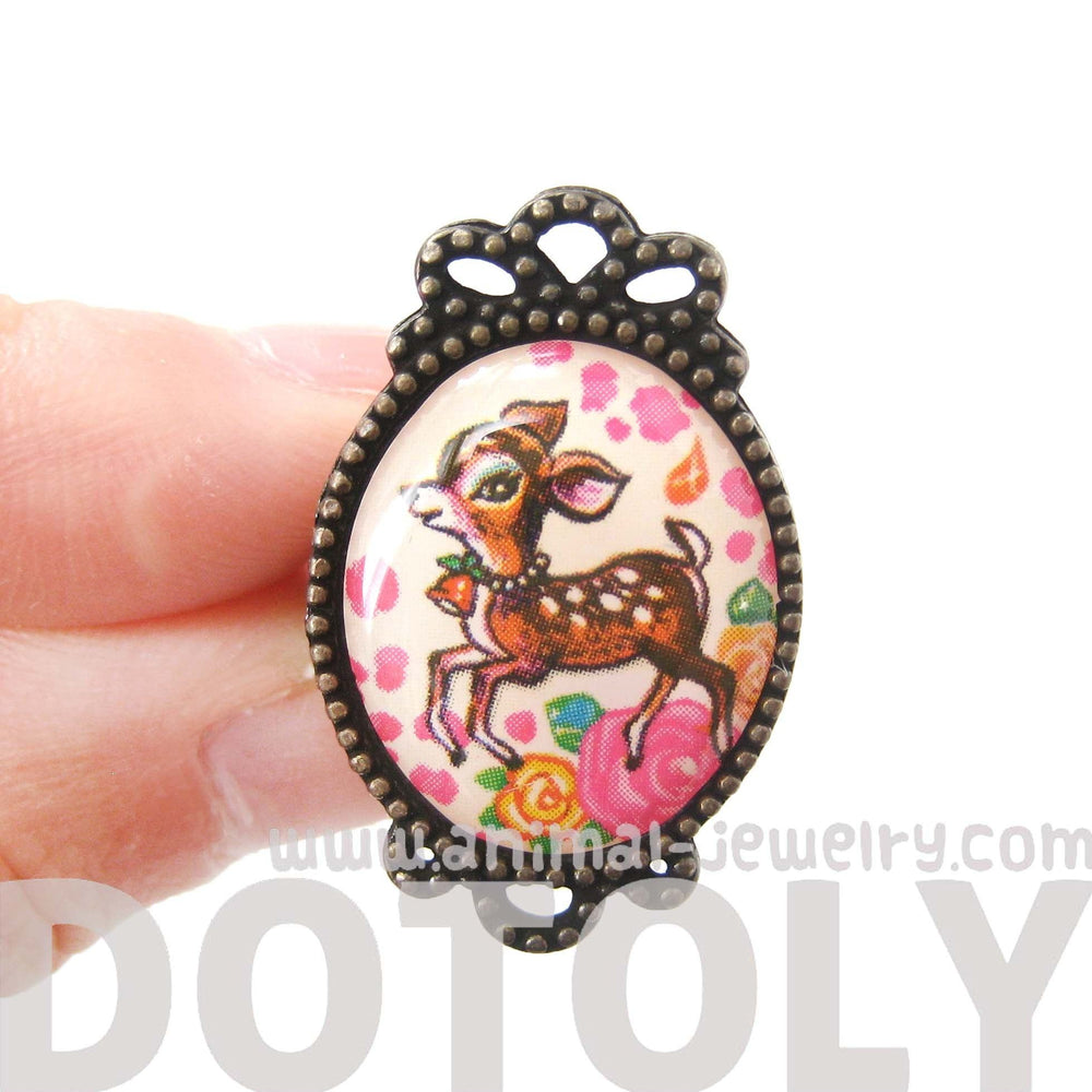 Oval Bambi Deer Illustrated Adjustable Ring with Floral Details | Animal Jewelry | DOTOLY