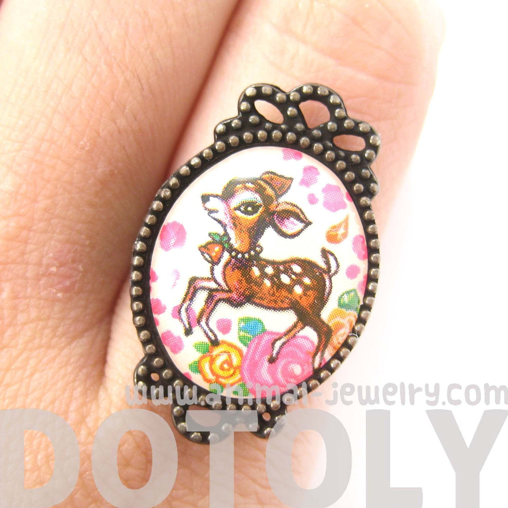 Oval Bambi Deer Illustrated Adjustable Ring with Floral Details | Animal Jewelry | DOTOLY