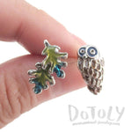 Owl and Leaves Shaped Enamel Stud Earrings | Animal Jewelry