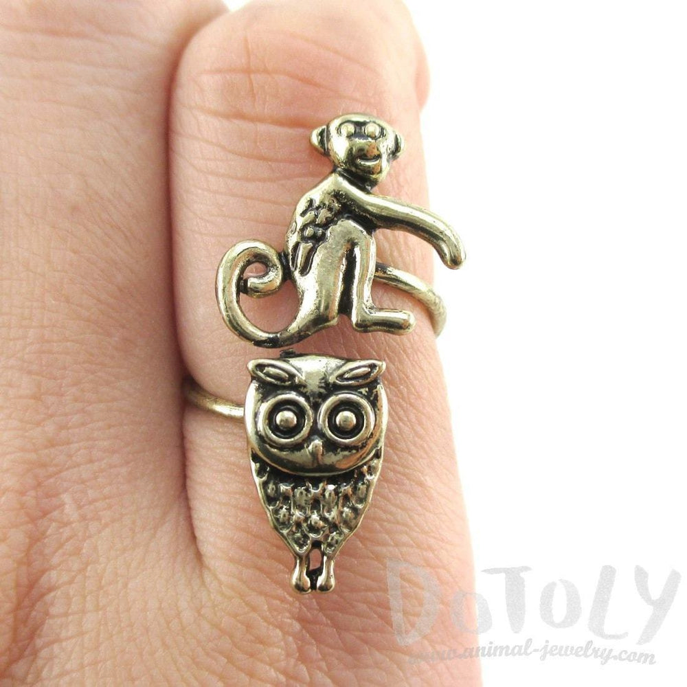 Owl and Monkey Wrap Around Adjustable Ring in Brass | DOTOLY | DOTOLY