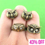 Owl Inspired Animal Ring and Stud Earring 3 Piece Set in Brass