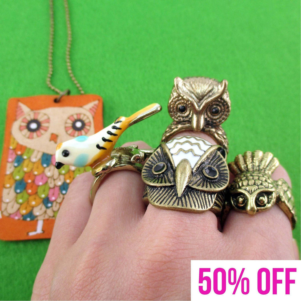 Owl Inspired Rings and Hand Drawn Pendant Necklace 5 Piece Set