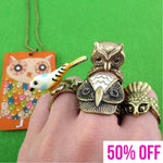 Owl Inspired Rings and Hand Drawn Pendant Necklace 5 Piece Set