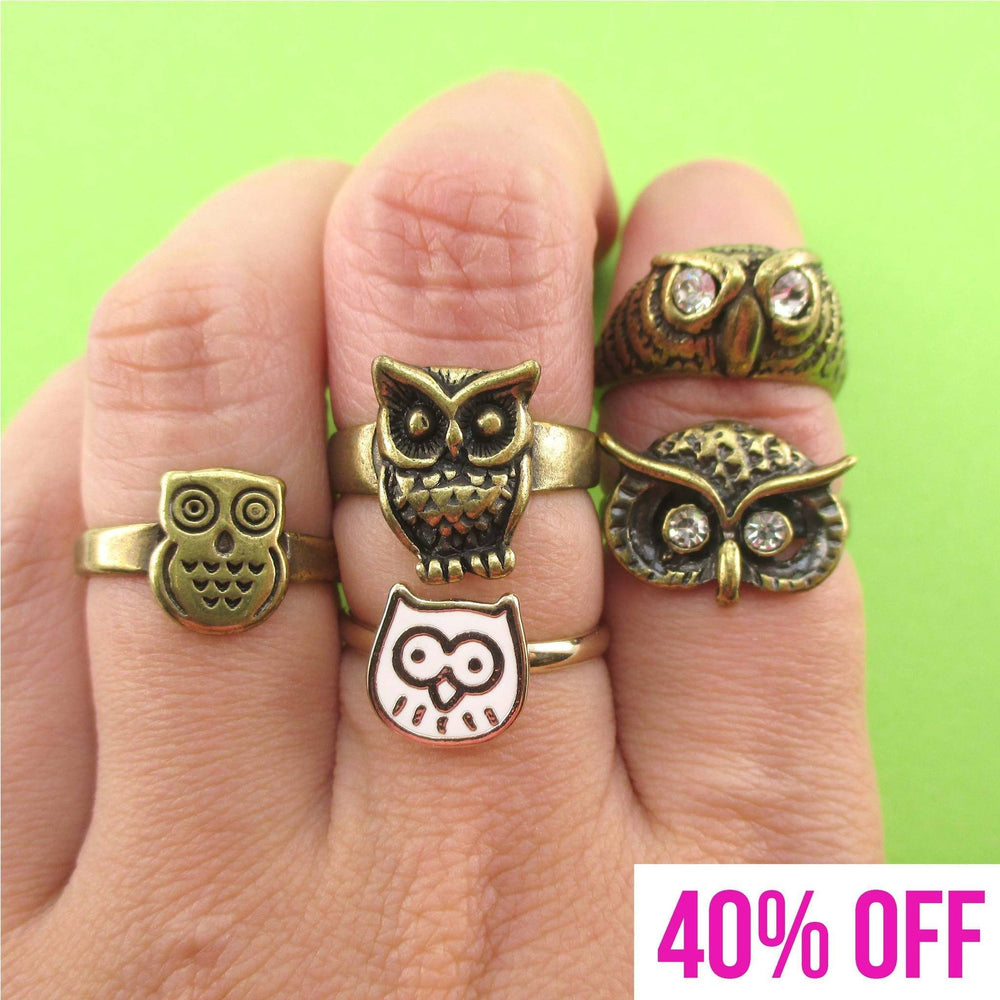 Owl Themed 5 Piece Animal Ring Set in Brass | Animal Jewelry