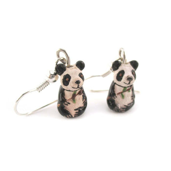 Panda Bears Holding Bamboo Shaped Porcelain Ceramic Animal Dangle Earrings | Handmade | DOTOLY