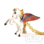 Pegasus White Horse with Large Wings Shaped Hand Painted Ceramic Animal Pendant Necklace | Handmade | DOTOLY