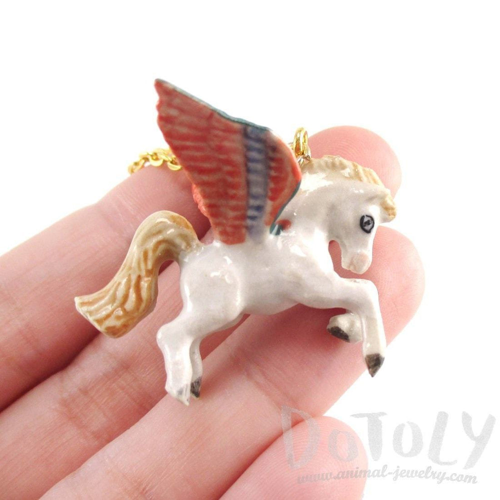 Pegasus White Horse with Large Wings Shaped Hand Painted Ceramic Animal Pendant Necklace | Handmade | DOTOLY
