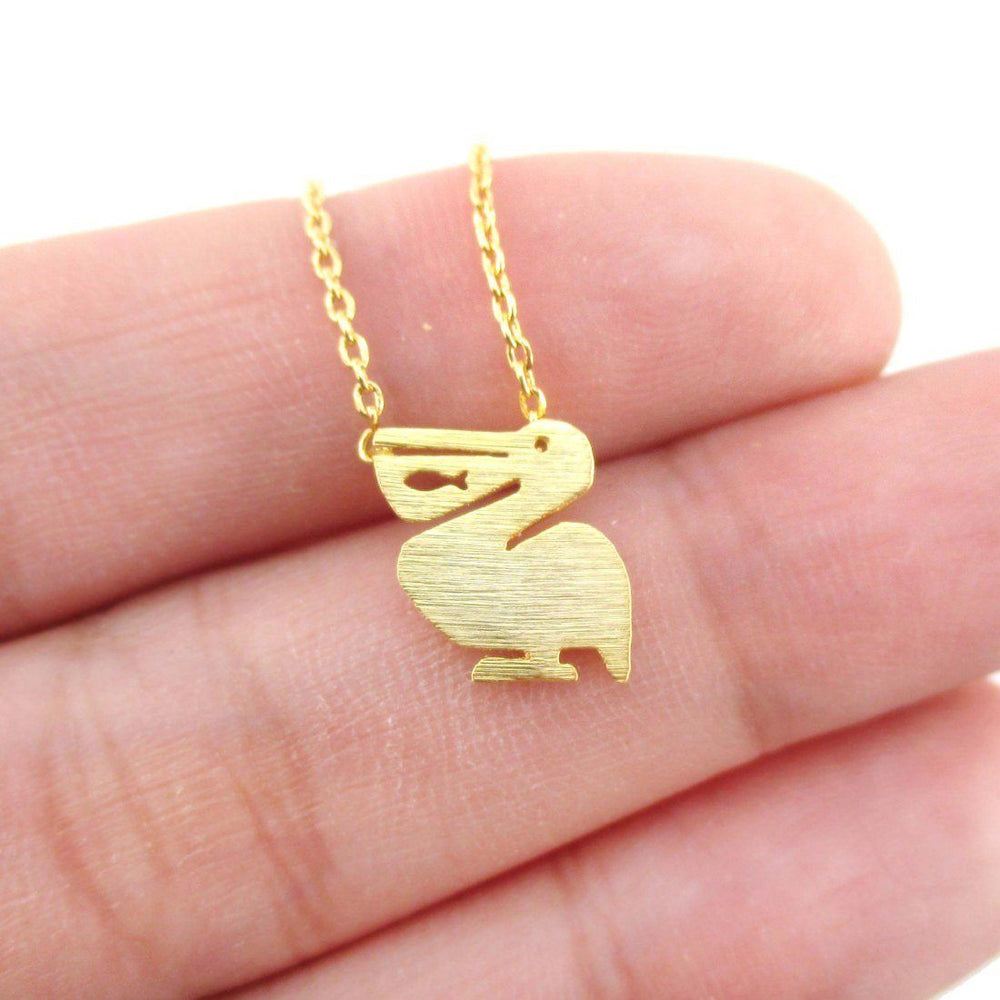 Pelican with Fish Cut Out Silhouette Shaped Charm Necklace in Gold