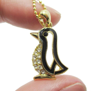 Penguin Outline Shaped Animal Pendant Necklace in Gold with Rhinestones | DOTOLY