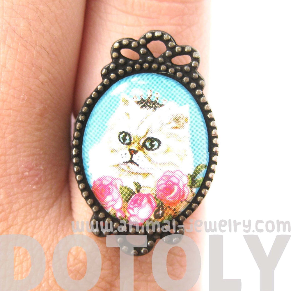 Persian Kitty Cat Illustrated Adjustable Ring in White with Roses | Animal Jewelry | DOTOLY
