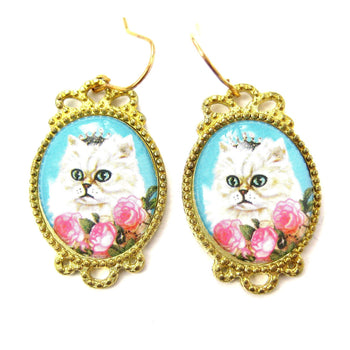 Persian Kitty Cat Portrait Illustrated Dangle Earrings with Roses | Animal Jewelry | DOTOLY