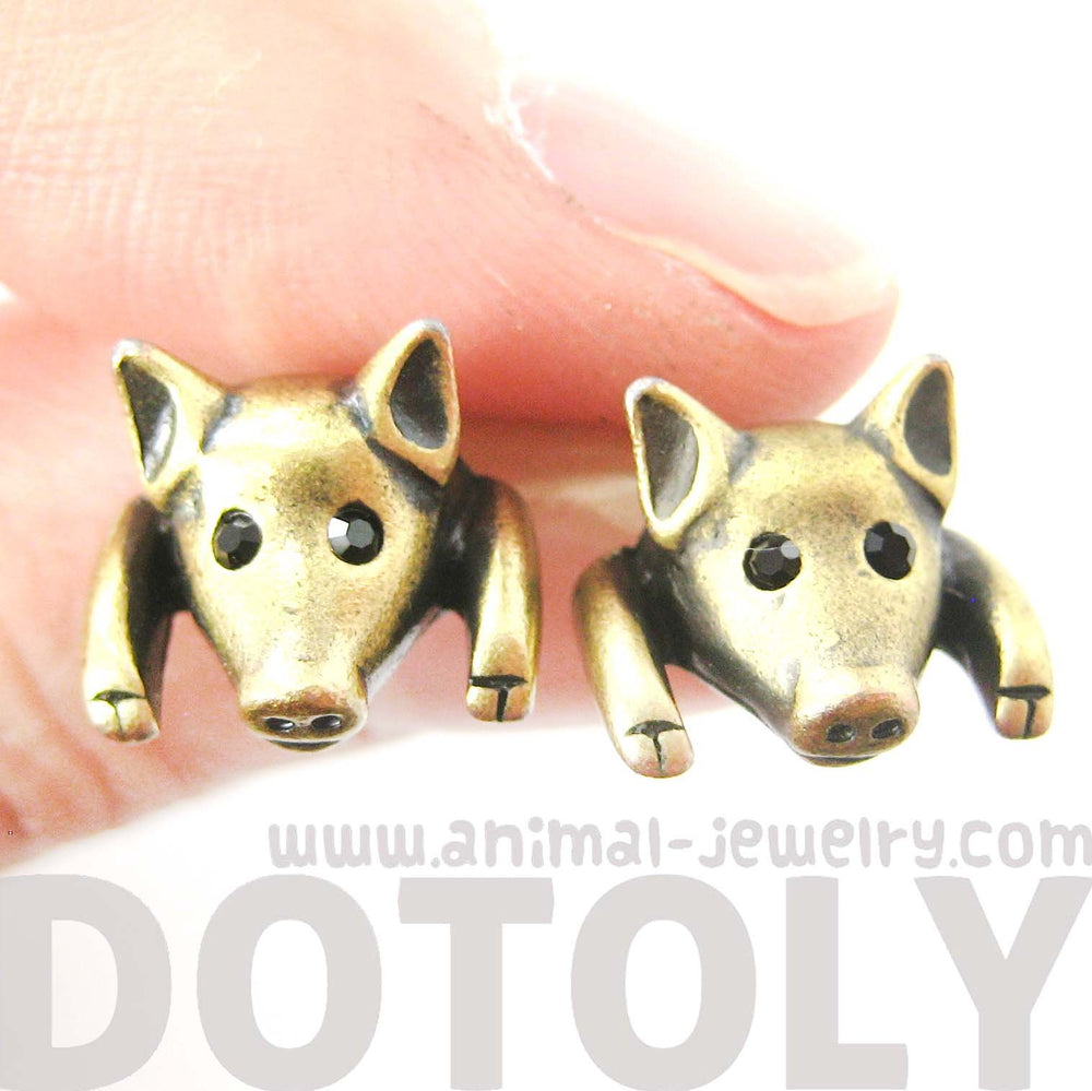 Piglet Pig Realistic Animal Stud Earrings in Brass | Animal Jewelry | DOTOLY