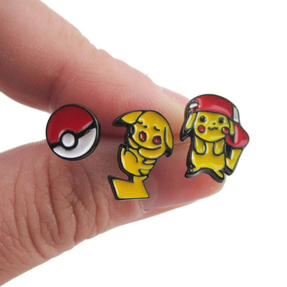 Pikachu and Pokeball Pokémon Themed 3 Piece Stud Earring Set | DOTOLY